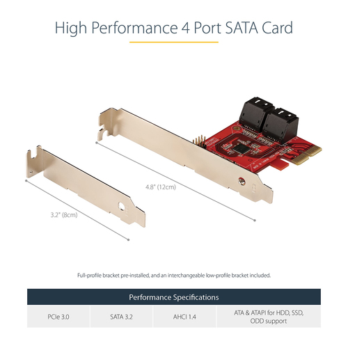 StarTech.com SATA PCIe Card - 4 Port PCIe SATA Expansion Card - 6Gbps - Low Profile Bracket - Stacked SATA Connectors - ASM1164 Non-Raid - PCI Express to SATA Converter