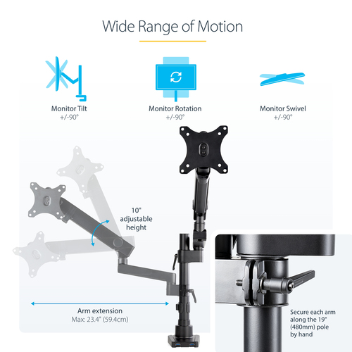 StarTech.com Desk Mount Monitor Arm with 2x USB 3.0 Ports, Full Motion Single Monitor Mount, up to 34" (17.6lb/8kg) VESA Display, Clamp/Grommet Mount, Mechanical Spring