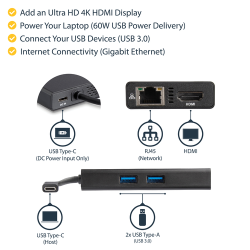 StarTech.com USB-C Multiport Adapter - USB-C Travel Docking Station with 4K HDMI - 60W Power Delivery Pass-Through, GbE, 2pt USB-A 3.0 Hub - Portable Mini USB Type-C Dock for Laptop