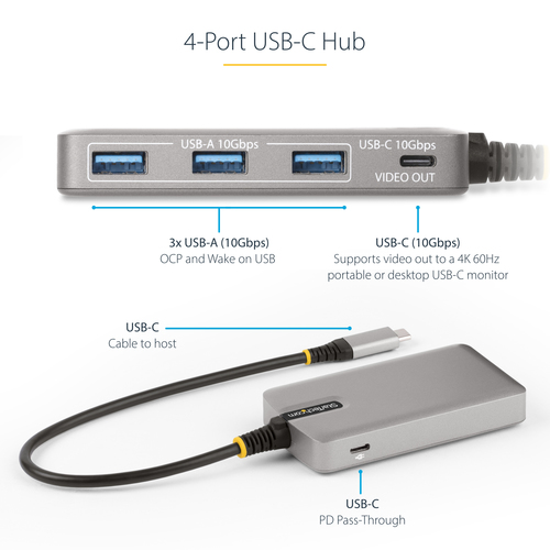 StarTech.com 4-Port USB-C Hub with USB-C DP Alt Mode Video Output 4K 60Hz - 3x USB-A, 1x USB Type-C, 100W Power Delivery Pass-Through, USB 3.2 10Gbps, 1ft/30cm Cable, Portable USB Hub