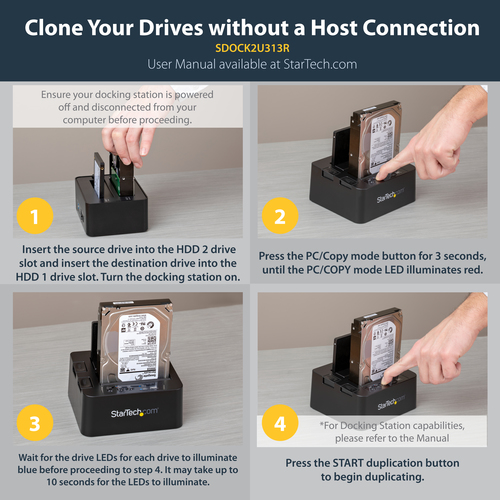 StarTech.com Standalone Hard Drive Duplicator, Dual Bay HDD/SSD Cloner/Copier, USB 3.1 (10Gbps) to SATA III HDD/SSD Docking Station, Hard Disk Duplicator Dock, Hard Drive Cloner