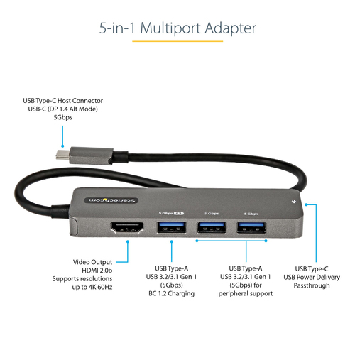 StarTech.com USB C Multiport Adapter - USB-C to HDMI 2.0b 4K 60Hz (HDR10), 100W Power Delivery Pass-Through, 4-Port USB 3.0 Hub - USB Type-C Mini Dock - 12" (30cm) Long Attached Cable