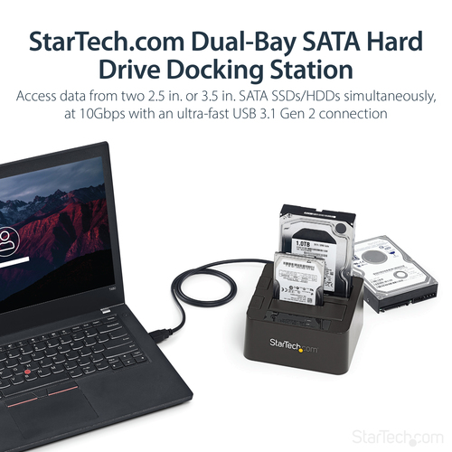 StarTech.com Dual-Bay USB 3.2 Gen 2 to SATA Hard Drive Docking Station, USB 10Gbps Hard Drive Dock, External 2.5/3.5" SATA I/II/III SSD/HDD Docking Station, Hot-Swap Hard Drive Bay, Top-Loading