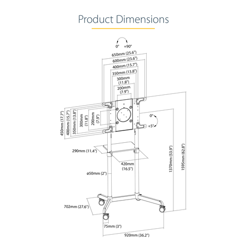 StarTech.com Mobile TV Cart - Portable Rolling TV Stand for 37-70" VESA Display (154lb/70kg) - TV Stand w/Shelf & Storage Compartment - Rotate/Tilt Display - Universal TV Mount on Wheels