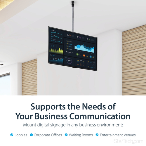 StarTech.com TV Ceiling Mount - Full-Motion Universal Hanging Single Screen Mount with Adjustable Telescopic Long Pole - Tilt / Swivel - VESA Bracket for 32”-75" Displays