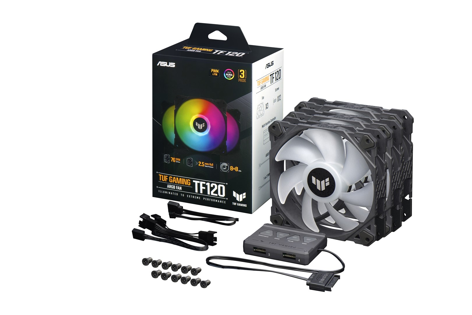 ASUS TUF Gaming TF120 ARGB Fan - Triple Fan Kit with ARGB Controller Computer case Air cooler 12 cm Black