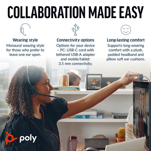 Poly Blackwire 5210 Monaural USB-C Headset +3.5mm Plug +USB-C/A Adapter (Bulk)