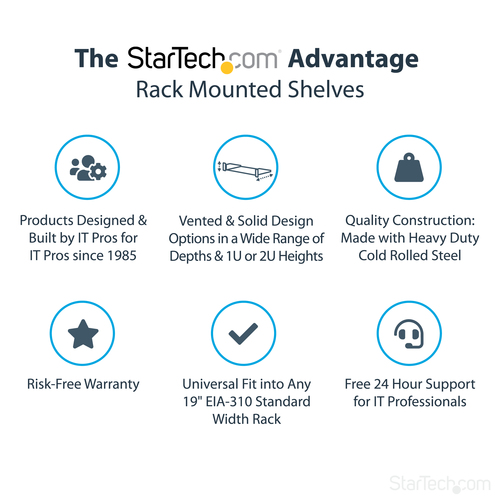 StarTech.com 2U Server Rack Shelf - Universal Rack Mount Cantilever Shelf for 19" Network Equipment Rack & Cabinet - Heavy Duty Steel – Weight Capacity 44lb/20kg - 16" Deep Tray, Black