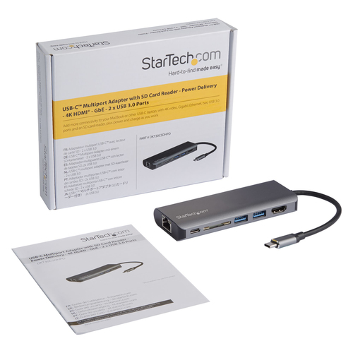 StarTech.com USB C Multiport Adapter, Portable USB-C Dock to 4K HDMI, 2-pt USB 3.0 Hub, SD/SDHC, GbE, 60W PD Pass-Through - USB Type-C/Thunderbolt 3 - REPLACED BY DKT30CHSDPD1