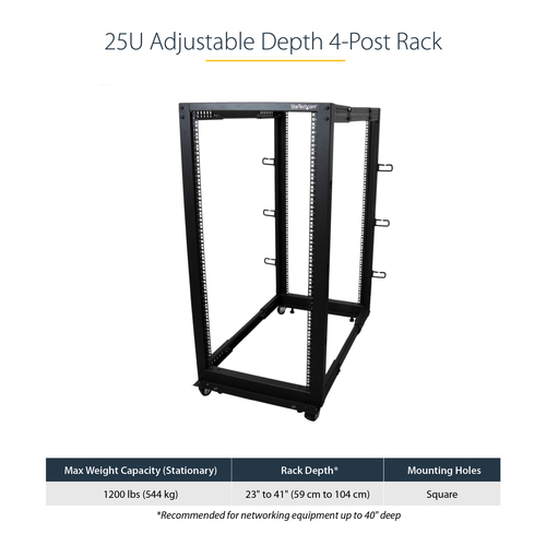 StarTech.com 4-Post 25U Mobile Open Frame Server Rack, Four Post 19in Network Rack with Wheels, Rolling Rack with Adjustable Depth for Computer/AV/Data/IT Equipment - Casters, Leveling Feet or Floor Mounting