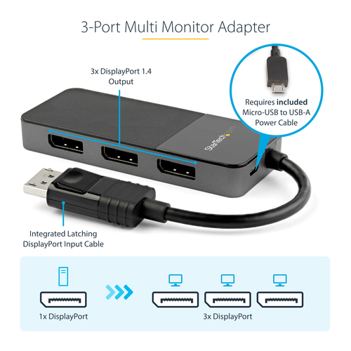 StarTech.com 3 Port Multi Monitor Adapter - DisplayPort 1.4 to 3x 4K DisplayPort Video Splitter - Dual or Triple 4K - Laptop/Desktop DisplayPort MST Hub for Multiple Monitors - For Windows PCs Only