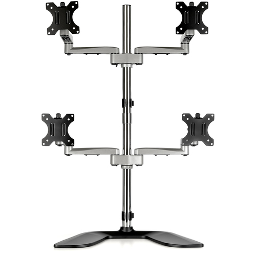 StarTech.com Desktop Quad Monitor Stand - Ergonomic VESA 4 Monitor Arm (2x2) up to 32" - Free Standing Articulating Universal Pole Mount - Height Adjustable/Tilt/Swivel/Rotate - Silver
