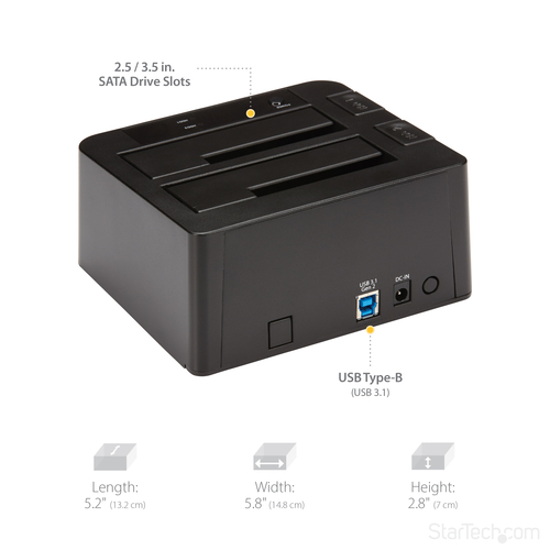 StarTech.com Dual-Bay USB 3.2 Gen 2 to SATA Hard Drive Docking Station, USB 10Gbps Hard Drive Dock, External 2.5/3.5" SATA I/II/III SSD/HDD Docking Station, Hot-Swap Hard Drive Bay, Top-Loading