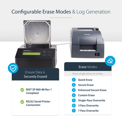 StarTech.com Single Bay Hard Drive Eraser, Standalone HDD/SSD Sanitizer, 4Kn, USB 3.0 to SATA III (6 Gbps), 9 Erase Modes, LCD Display, Secure Erase Hard Disk Sanitizer Dock, DB-9 Printer Port, TAA Compliant