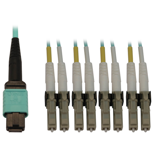 Tripp Lite N844X-05M-8L-P 40/100/400G Multimode 50/125 OM3 Fiber Optic Cable (12F MTP/MPO-PC to 4x Duplex LC/PC F/M), LSZH, Aqua, 5 m (16.4 ft.)