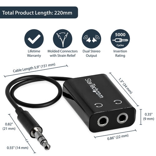 StarTech.com Black Slim Mini Jack Headphone Splitter Cable Adapter - 3.5mm Male to 2x 3.5mm Female