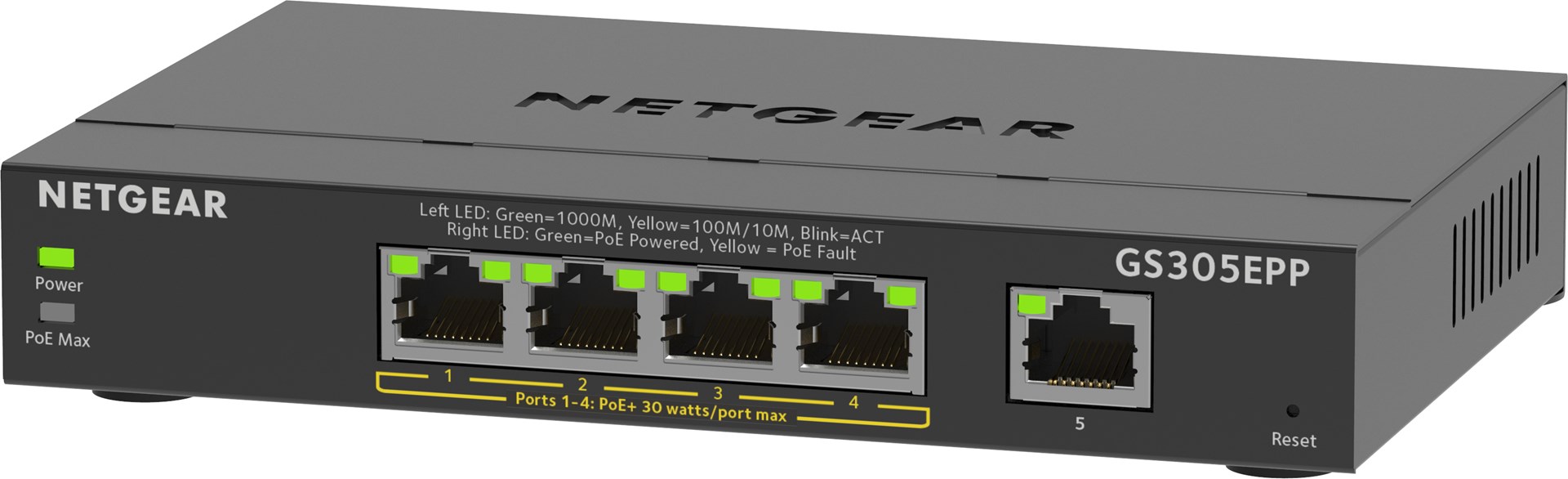 NETGEAR 5-Port Gigabit Ethernet High-Power PoE+ Plus Switch (GS305EPP) Managed L2/L3 Gigabit Ethernet (10/100/1000) Power over Ethernet (PoE) Black