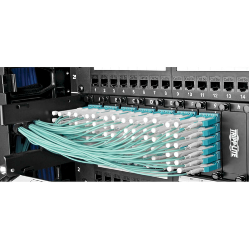 Tripp Lite N844-03M-8LC-PT MTP/MPO Fan-out Cable with Push/Pull Tab Connectors, MTP/MPO to 4xLC, 40GbE, 40GBASE-SR4,OM3 Plenum-rated - Aqua, 3M (9.84 ft.)