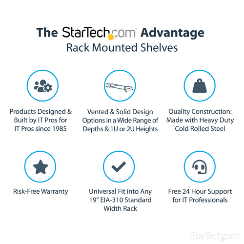 StarTech.com 2U Server Rack Shelf - Universal Rack Mount Cantilever Shelf for 19" Network Equipment Rack & Cabinet - Heavy Duty Steel – Weight Capacity 50lb/23kg - 22" Deep Tray, Black