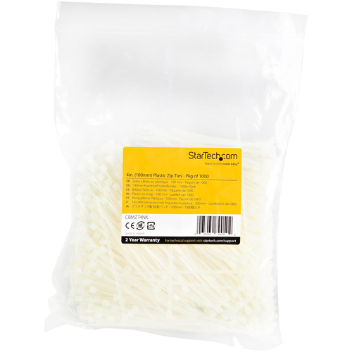 StarTech.com 4"(10cm) Cable Ties - 1/16"(2mm) wide, 7/8"(22mm) Bundle Diameter, 18lb(8kg) Tensile Strength, Nylon Self Locking Zip Ties with Curved Tip - 94V-2/UL Listed, 1000 Pack - White