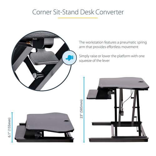 StarTech.com Corner Sit Stand Desk Converter with Keyboard Tray - Large Surface (35" x 21") - Height Adjustable Ergonomic Desktop/Tabletop Standing Workstation - Supports Dual Monitors