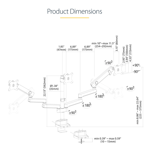 StarTech.com Triple Monitor Desk Mount For Up To Three 27in Screens, VESA 75x75/100x100, Tool-Less Arm Adjustments, C-Clamp/Grommet Mount, Spring-Assisted Arms