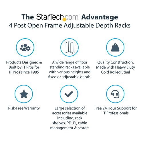 StarTech.com 4-Post 12U Mobile Open Frame Server Rack, Four Post 19" Network Rack with Wheels, Rolling Rack with Adjustable Depth for Computer/AV/Data/IT Equipment - Casters, Leveling Feet or Floor Mounting