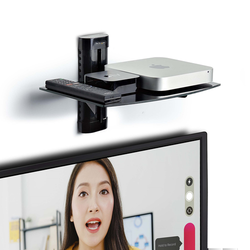 StarTech.com Floating Wall-Mounted AV Shelf, Adjustable Height Shelf For Under TV, Organize A/V Equipment On Black Tempered Glass Shelf