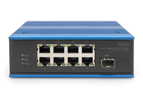 Digitus 8 port Fast Ethernet network PoE switch, industrial, unmanaged, 1 SFP uplink
