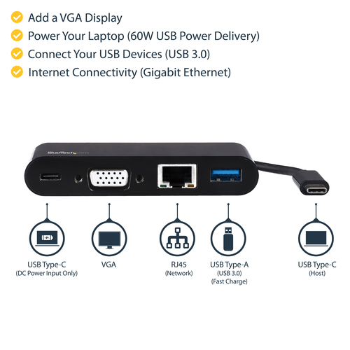 StarTech.com USB C Multiport Adapter - Mini USB-C Dock w/ Single Monitor VGA 1080p Video - 60W Power Delivery Passthrough - USB 3.1 Gen 1 Type-A 5Gbps, Gigabit Ethernet - Docking Station