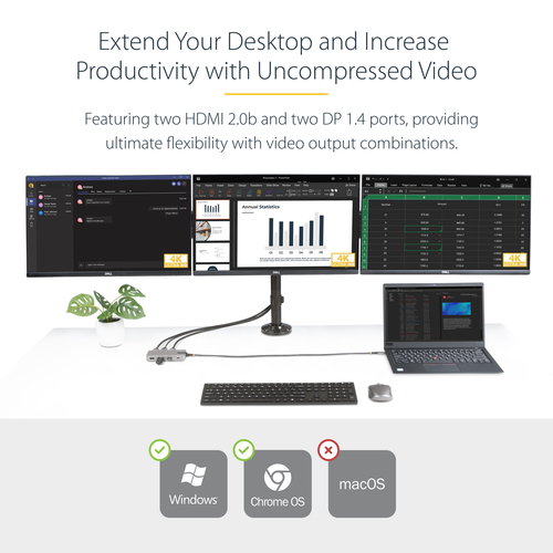 StarTech.com USB-C Triple Monitor Multiport Adapter, Dual 4K 60Hz + 4K 30Hz HDMI & DisplayPort, 3-Port USB 10Gbps Hub, 100W PD Pass-Through, GbE, Travel Dock, Windows & ChromeOS