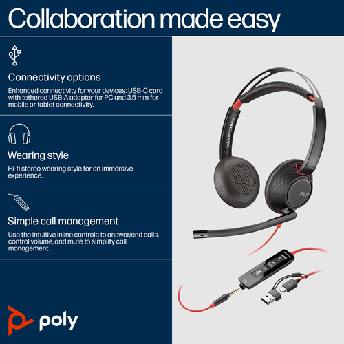 Poly Blackwire 5220 Stereo USB-C Headset +3.5mm Plug +USB-C/A Adapter