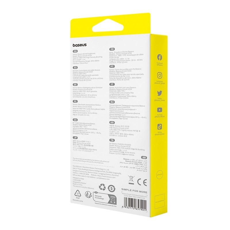 Baseus Encok HZ20 Headset Wired In-ear Calls/Music Black