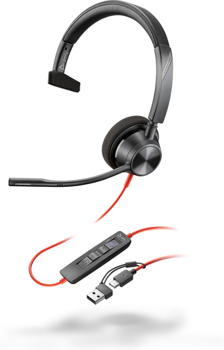 Poly Blackwire 3310 Monaural Microsoft Teams Certified USB-C Headset +USB-C/A Adapter