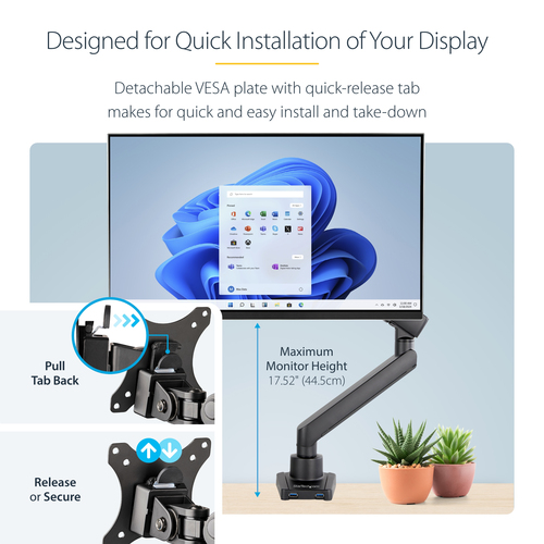 StarTech.com Desk Mount Monitor Arm with 2x USB 3.0 ports, Slim Full Motion Single Monitor Mount, up to 34" (17.6lb/8kg) VESA Display, Clamp/Grommet Mount, Mechanical Spring