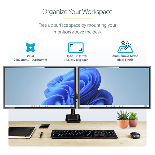 StarTech.com Desk Mount Dual Monitor Arm, Full Motion Monitor Mount for 2x VESA Displays up to 32" (17.6lb/8kg), Height Adjustable, Clamp/Grommet Mount, Mechanical Spring