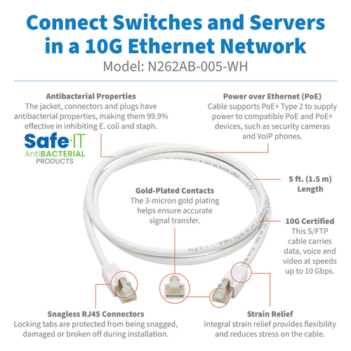 Tripp Lite N262AB-005-WH Safe-IT Cat6a 10G Snagless Antibacterial S/FTP Ethernet Cable (RJ45 M/M), PoE, White, 5 ft. (1.52 m)