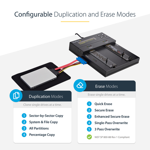 StarTech.com Standalone M.2 SATA & M.2 NVMe Duplicator and Eraser - HDD/SSD Cloner/Wiper for M.2 PCIe AHCI/NVMe, M.2 SATA, 2.5/3.5" SATA Drives - External Hard Drive Eraser/Duplicator, TAA
