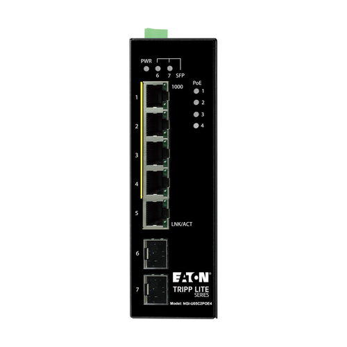 Tripp Lite NGI-U05C2POE4 5-Port Unmanaged Industrial Gigabit Ethernet Switch - 10/100/1000 Mbps, PoE+ 30W, -10° to 60°C, 2 GbE SFP Slots, DIN Mount