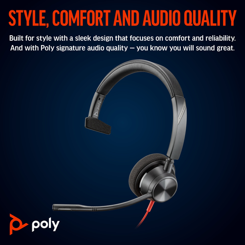Poly Blackwire 3310 Monaural Microsoft Teams Certified USB-C Headset +USB-C/A Adapter