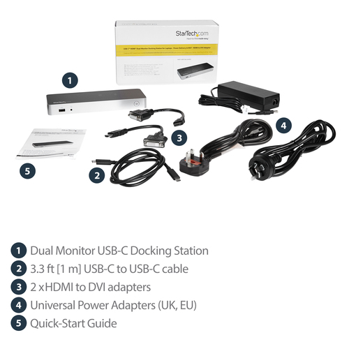 StarTech.com Dual Monitor USB C Docking Station with 60W Power Delivery for Windows Laptops - USB C to HDMI / DVI Dock - USB 3.1 Gen 1 Type C Dock w/ Charging - Thunderbolt 3 Compatible