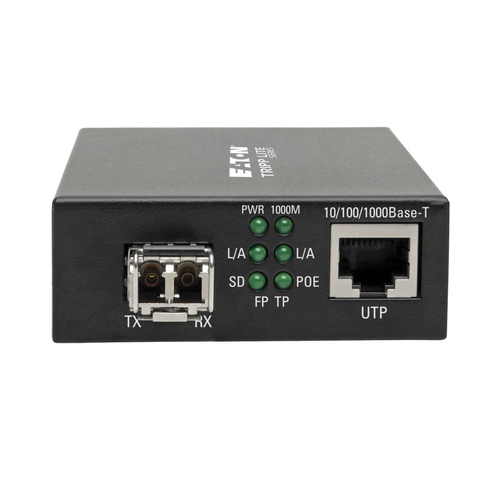 Tripp Lite N785-INT-PLCMM1 Gigabit Multimode Fiber to Ethernet Media Converter, PoE+ - International Power Cables, 10/100/1000 LC, 850 nm, 550 m (1,804 ft.)