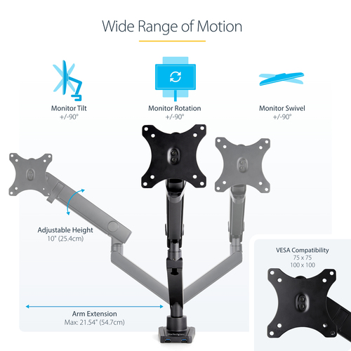 StarTech.com Desk Mount Monitor Arm with 2x USB 3.0 ports, Slim Full Motion Single Monitor Mount, up to 34" (17.6lb/8kg) VESA Display, Clamp/Grommet Mount, Mechanical Spring