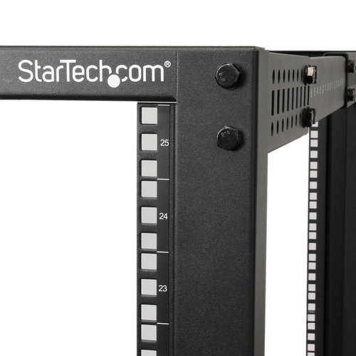 StarTech.com 4-Post 25U Mobile Open Frame Server Rack, Four Post 19in Network Rack with Wheels, Rolling Rack with Adjustable Depth for Computer/AV/Data/IT Equipment - Casters, Leveling Feet or Floor Mounting