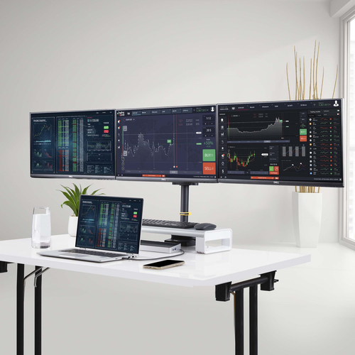 StarTech.com Triple Monitor Desk Mount For Up To Three 27in Screens, VESA 75x75/100x100, Tool-Less Arm Adjustments, C-Clamp/Grommet Mount, Spring-Assisted Arms