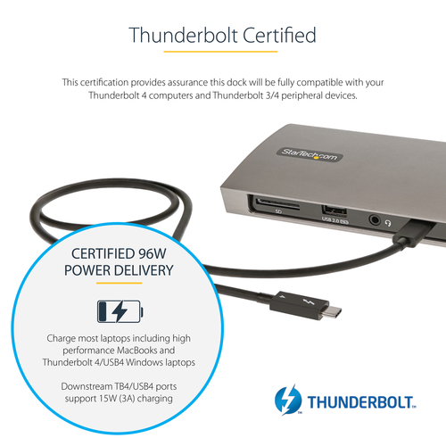 StarTech.com Thunderbolt 4 Dock, 96W Power Delivery, Single 8K/Dual Monitor 4K 60Hz, 3xTB4/USB4 ports, 4xUSB-A, SD, GbE, Thunderbolt 4 Docking Station for Windows or TB3 MacBook, 0.8m Cable