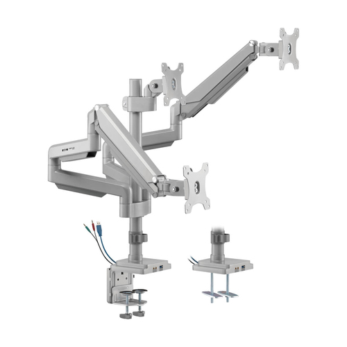 Tripp Lite DDR1730TAL Triple-Display Gas-Spring Flex-Arm Desktop Clamp and Grommet for 17” to 30” Flat-Screen Displays - USB and Audio Ports, Aluminum