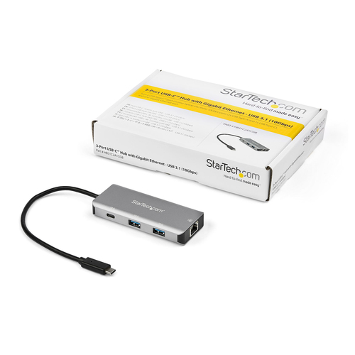 StarTech.com 3 Port USB C Hub with Gigabit Ethernet RJ45 GbE Port - 2x USB-A, 1x USB-C - SuperSpeed 10Gbps USB 3.1/3.2 Gen 2 Type C Hub Adapter - USB Bus Powered - Aluminum - Works w/TB3~3 Port USB C Hub with Gigabit Ethernet RJ45 GbE Port - 2x USB-A, 1x USB-C - SuperSpeed 10Gbps USB 3.2 Gen 2 Type C Hub Adapter - USB Bus Powered - Aluminum - Works w/TB3