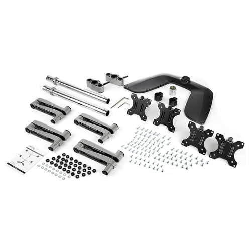 StarTech.com Desktop Quad Monitor Stand - Ergonomic VESA 4 Monitor Arm (2x2) up to 32" - Free Standing Articulating Universal Pole Mount - Height Adjustable/Tilt/Swivel/Rotate - Silver