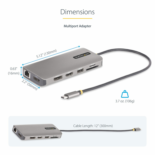 StarTech.com USB-C Triple-Monitor Multiport Adapter, Dual 4K 60Hz + 4K 30Hz HDMI & DisplayPort, 4-Port USB Hub, 100W PD Pass-Through, GbE, SD/MicroSD Card Readers